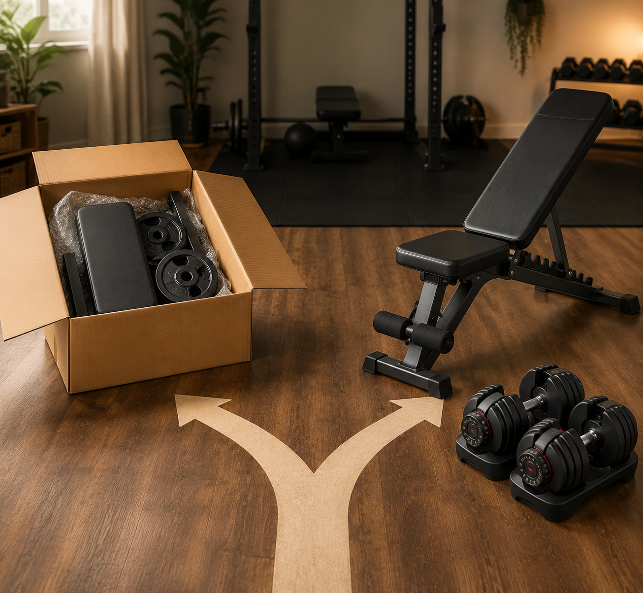 Side-by-side comparison of a bundled bench and weight set versus a separate adjustable bench and adjustable dumbbells