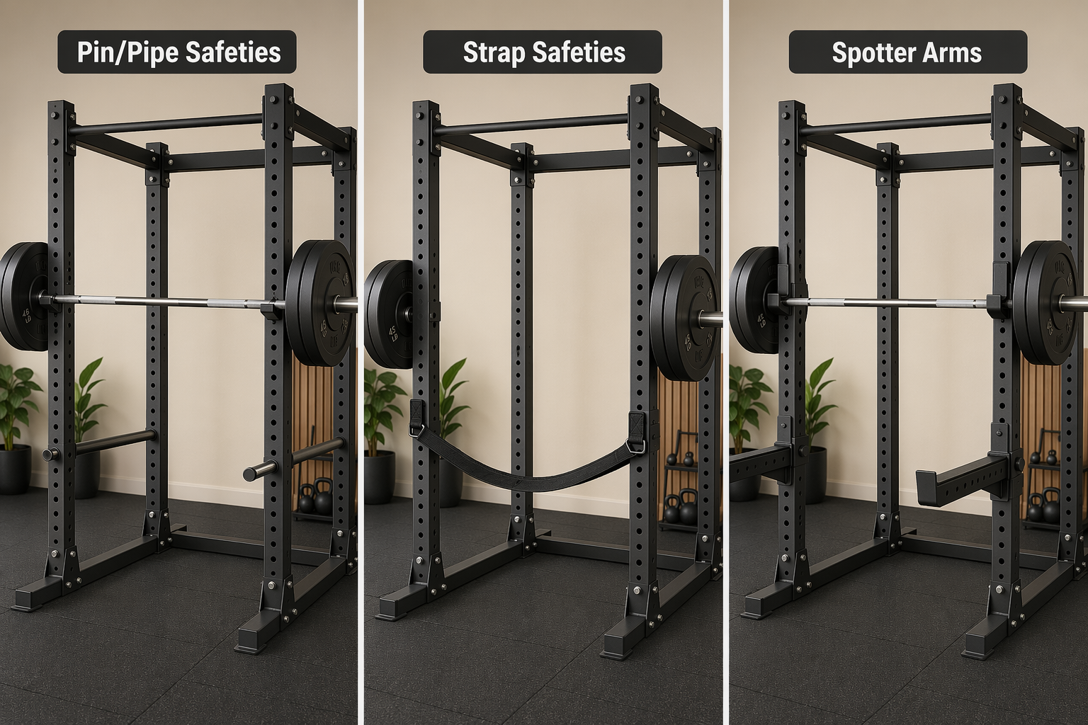 Three-panel comparison illustration showing pin/pipe safeties, fabric strap safeties, and flip-down spotter arms.