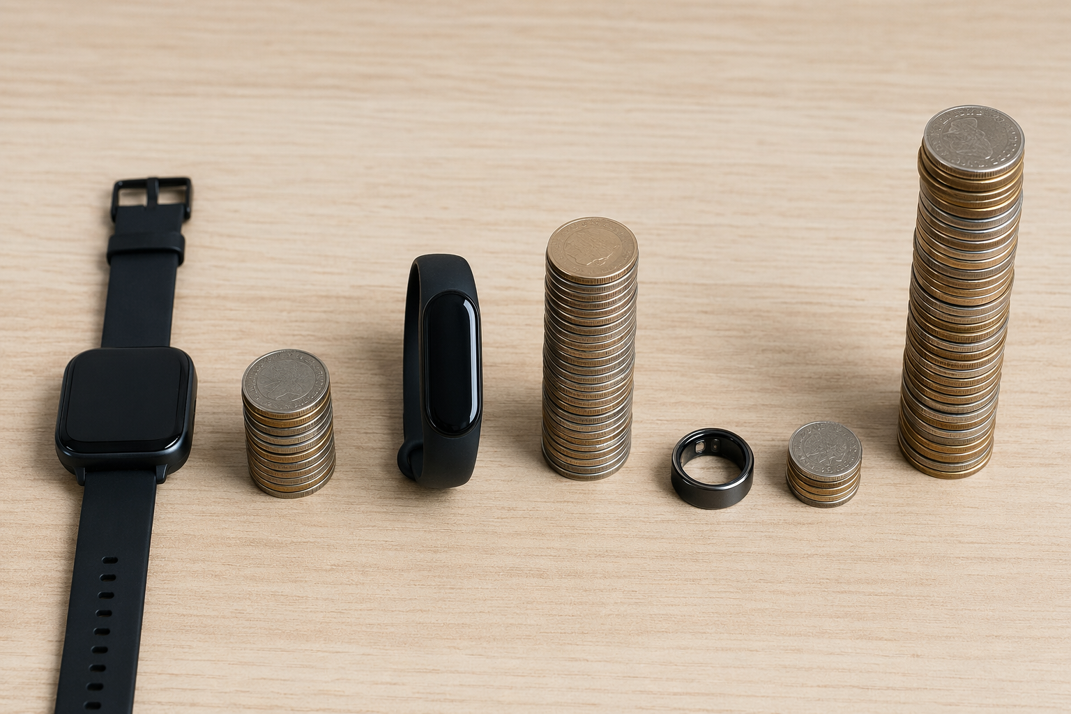 Fitness trackers, a smartwatch, a fitness band, and a smart ring arranged with stacks of coins showing different ownership costs