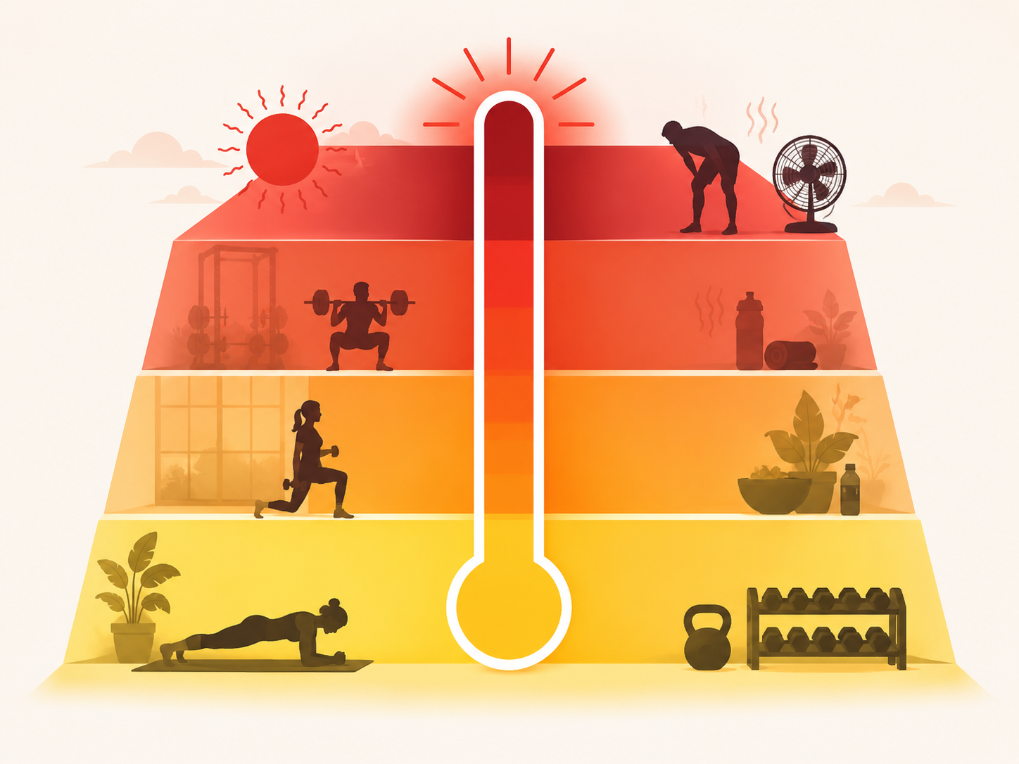 Gradient heat-risk scale from yellow to deep red with a small exercising figure
