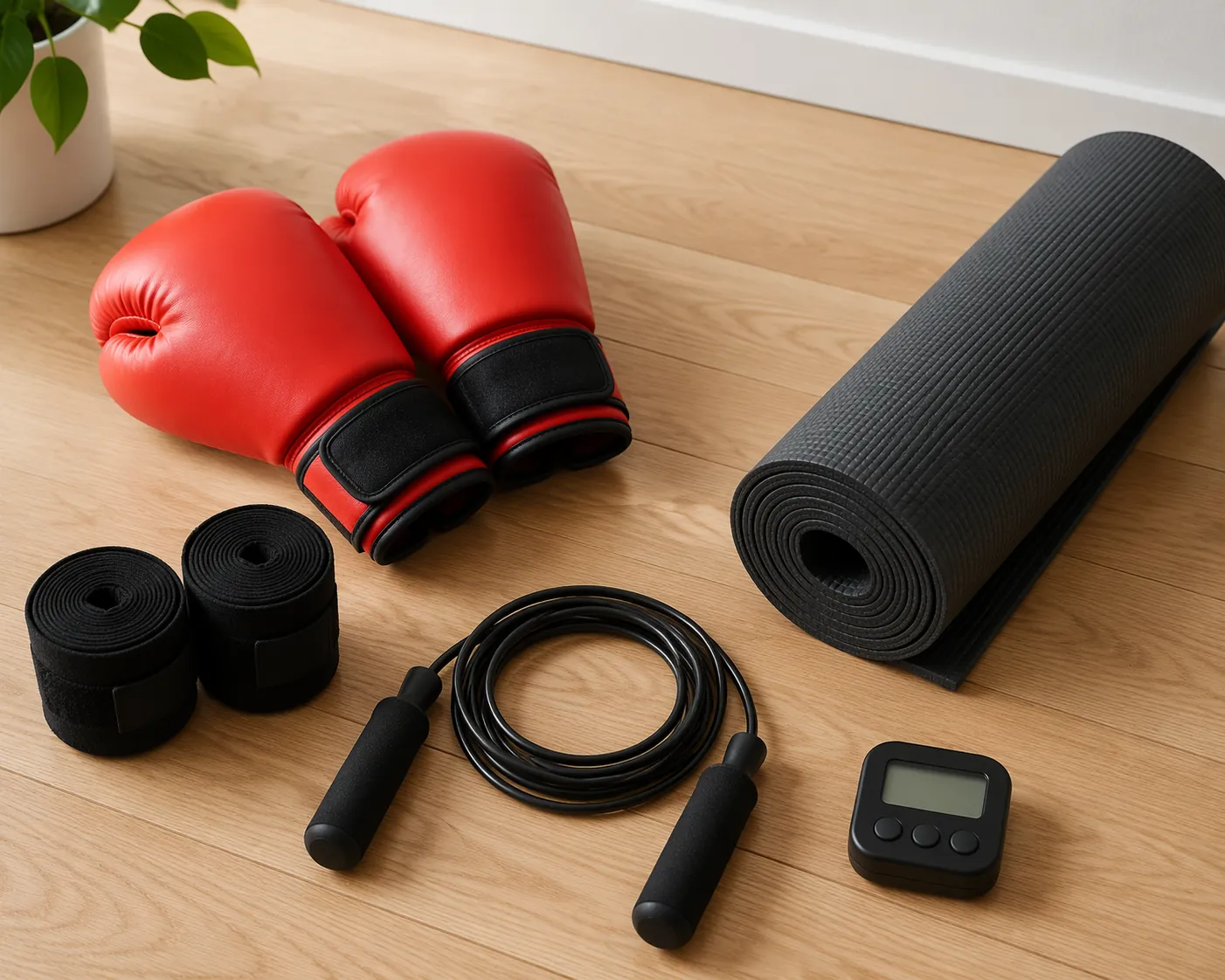 Affordable home boxing gear with gloves, wraps, jump rope, mat, and interval timer