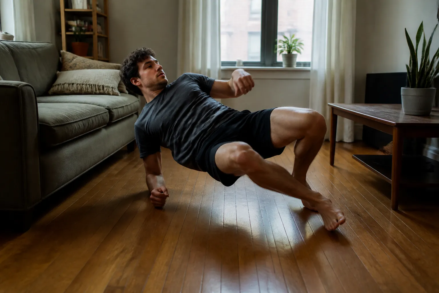 Person practicing a solo BJJ hip escape on a bare apartment floor with furniture moved aside