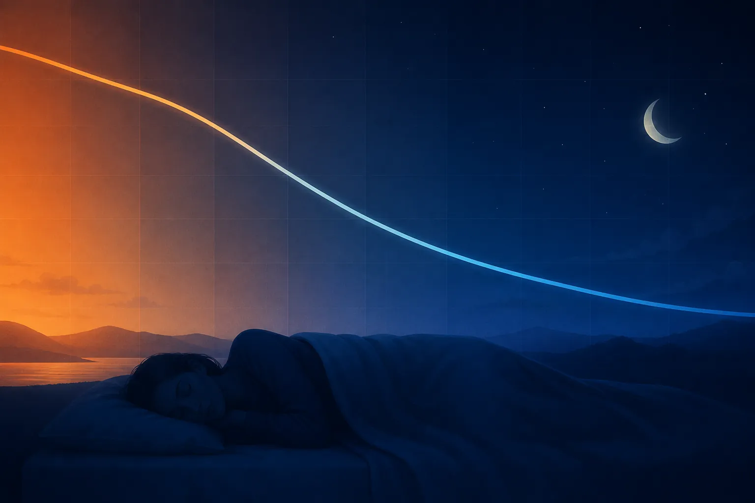 Sleeping silhouette with a descending warm-to-cool curve representing the core body temperature drop before sleep