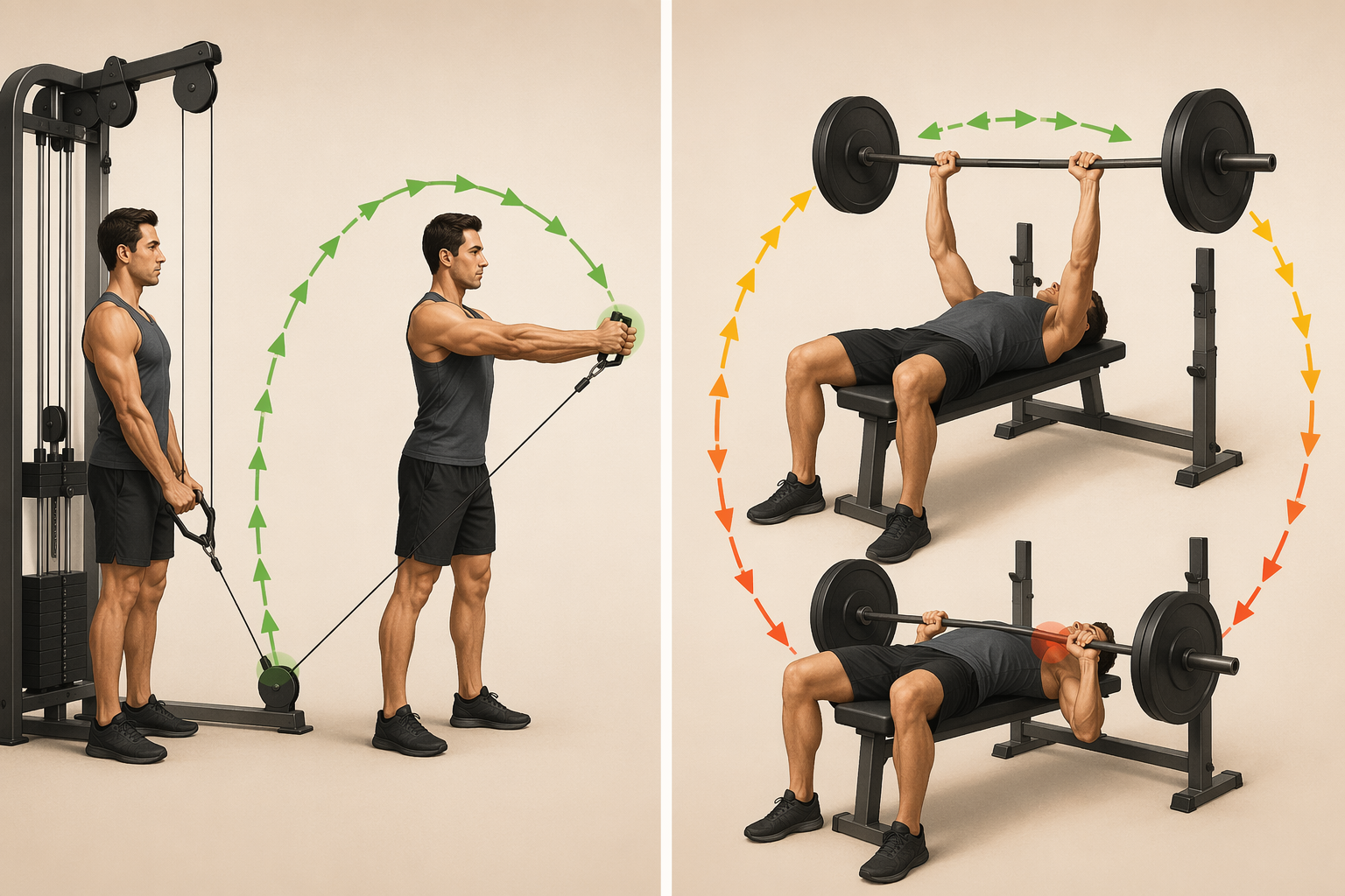 Split-screen illustration comparing cable tension (even throughout movement) vs. barbell tension (variable due to gravity).