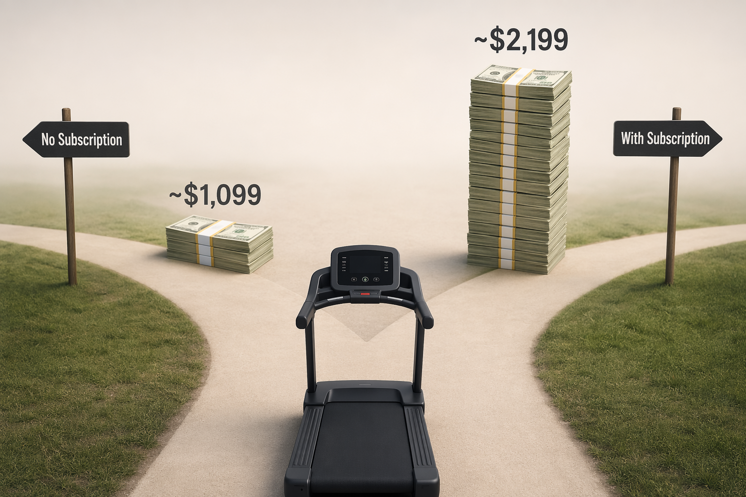 Treadmill at a fork showing no-subscription and with-subscription five-year cost paths