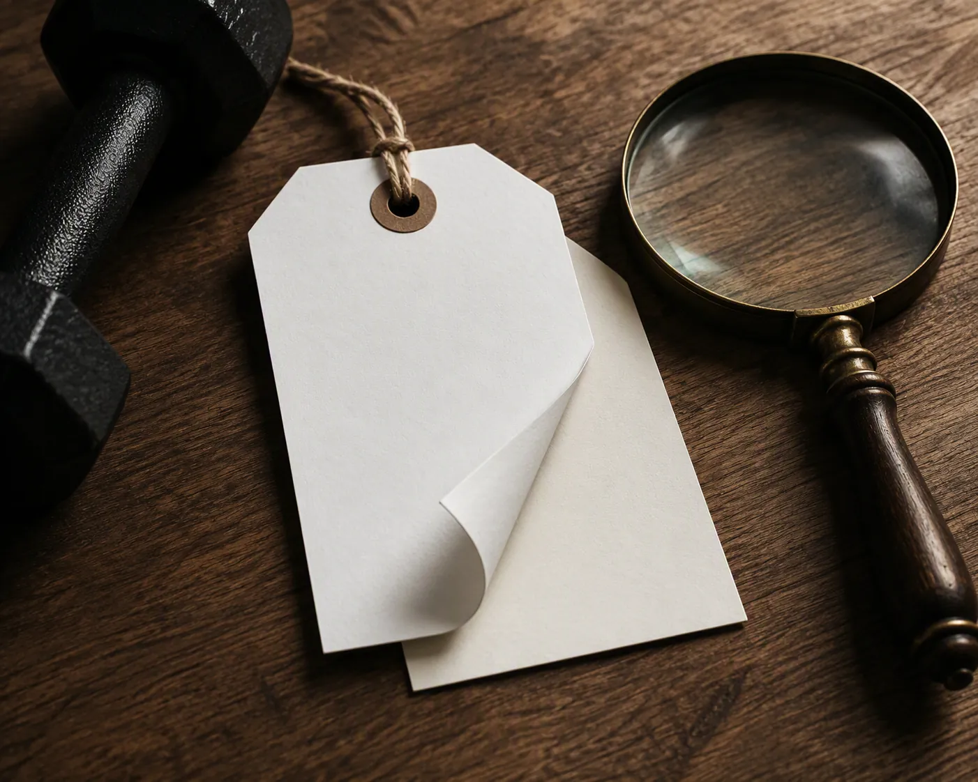Peeled-back price tag near a dumbbell and magnifying glass illustrating hidden pricing