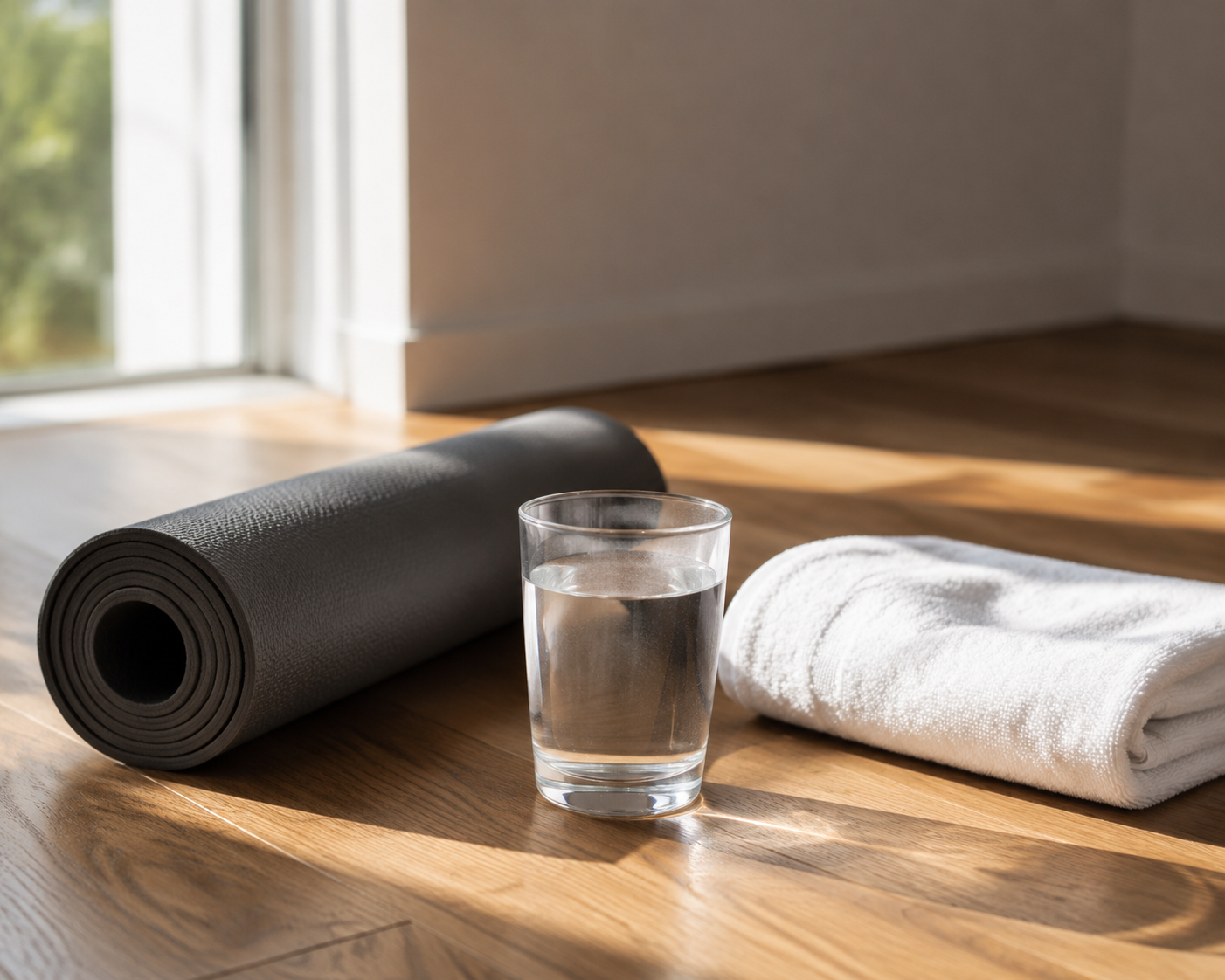 A glass of water beside a yoga mat and towel on a wooden floor
