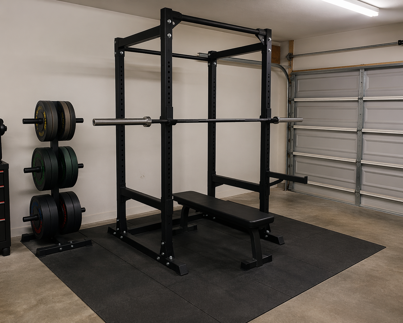 Budget garage gym with power rack, barbell, flat bench, bumper plates, and rubber matting