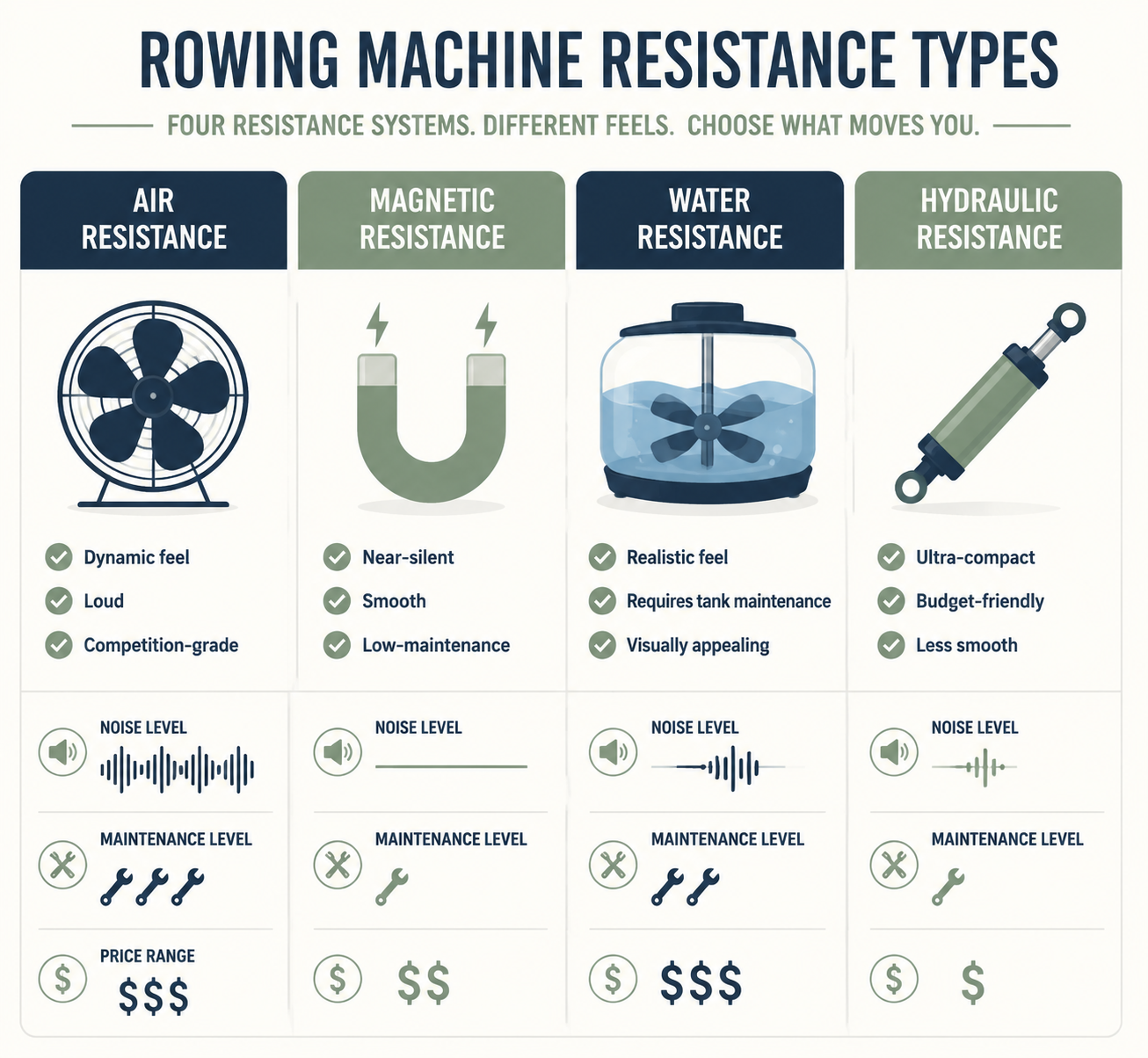 Comparison of air, magnetic, water, and hydraulic rowing machine resistance types
