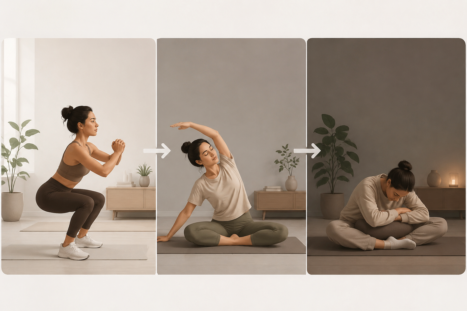 Three-panel visual of exercise intensity decreasing from squats to yoga to seated mobility as air quality worsens