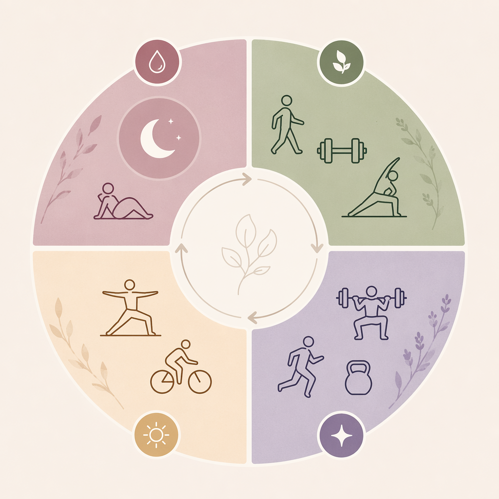 A circular calendar-like illustration divided into four color-coded phases representing the menstrual cycle, with small abstract workout icons (weights, walking figure, yoga pose, moon/rest symbol) placed at each phase to show varying workout intensity, in muted mauve, sage, lavender, and warm cream tones.