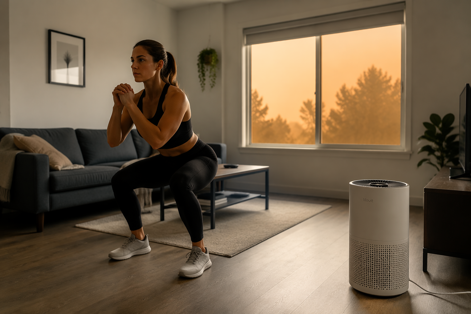 Small apartment living room with a closed smoky window, a HEPA air purifier, and a person doing a controlled squat