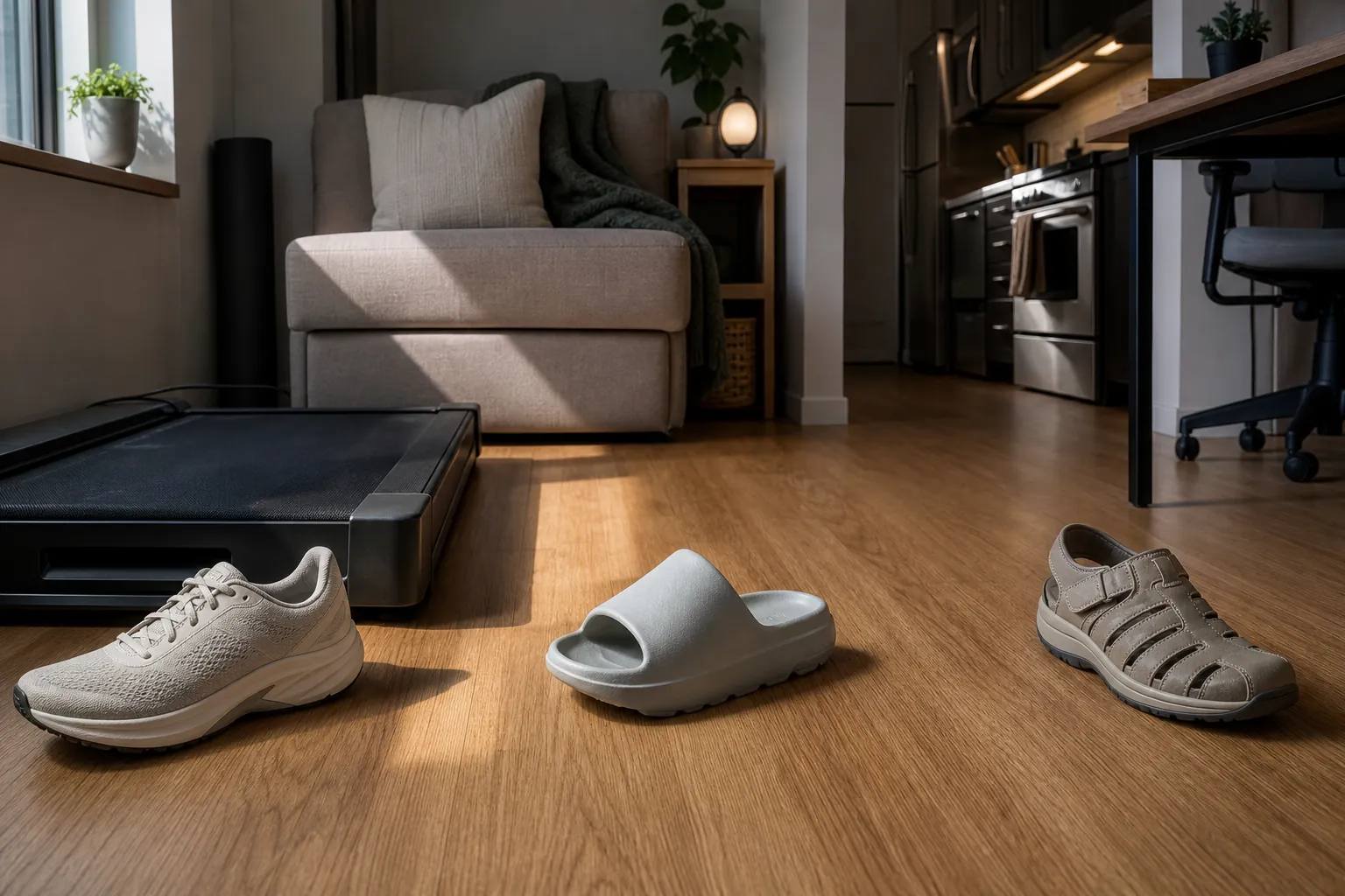 Compact apartment scene showing a sneaker by a walking pad, a recovery slide near a sofa, and a supportive house sandal near a desk and kitchen