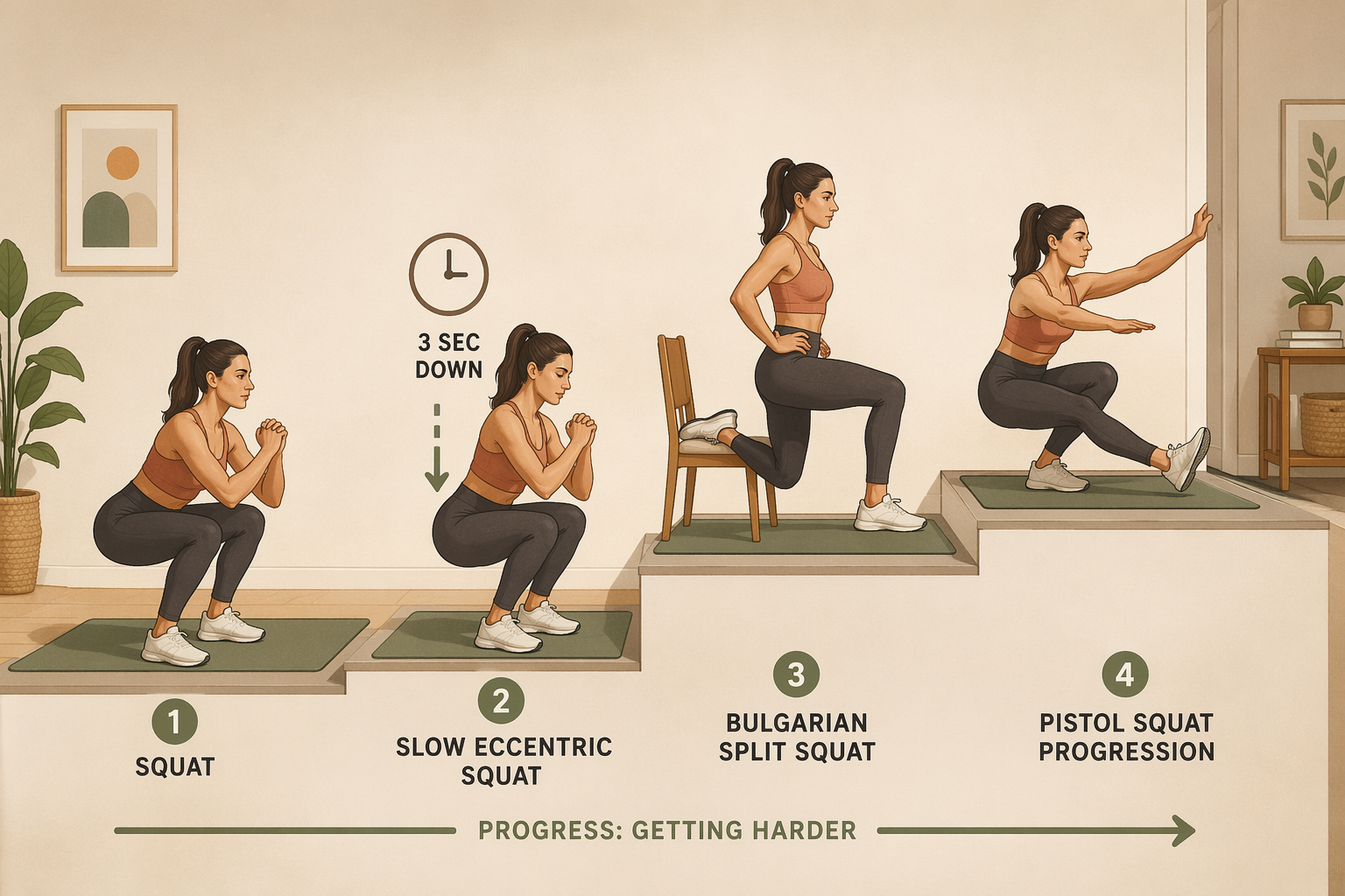 An editorial illustration showing four exercise figures arranged left to right in a staircase-like progression: a standard bodyweight squat, a slow eccentric squat with a clock icon, a Bulgarian split squat using a chair, and a pistol squat with one hand on a wall for balance. A yoga mat runs along the bottom.