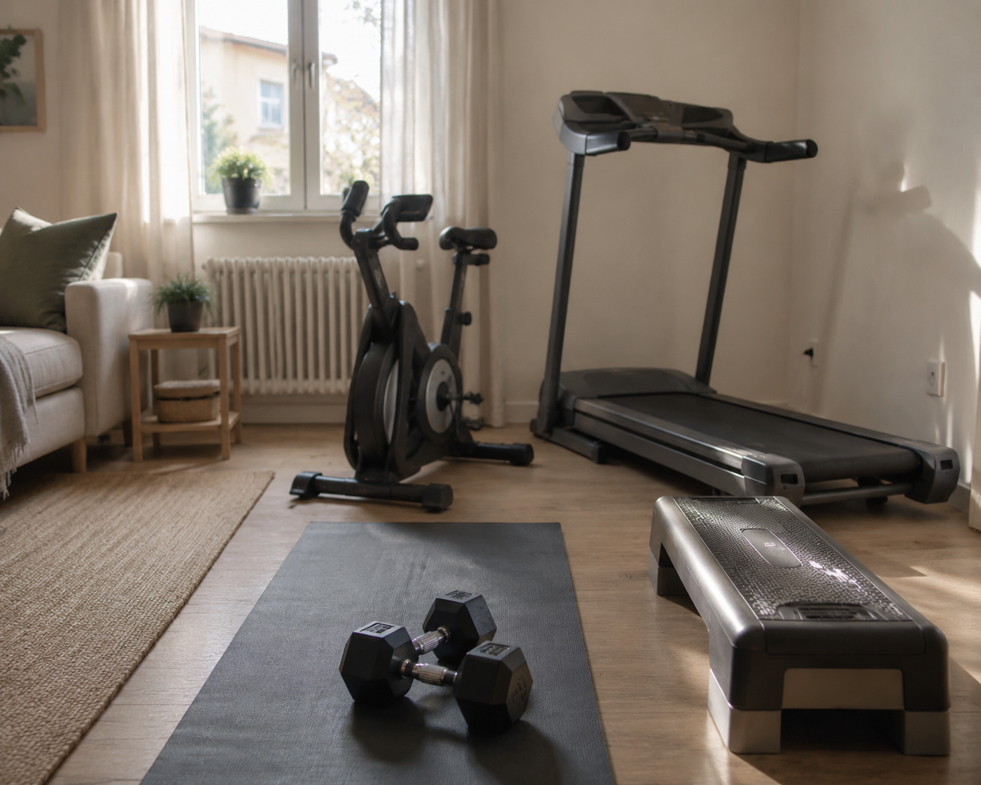 A modest home workout corner with dumbbells, an exercise mat, a stepper, and a treadmill