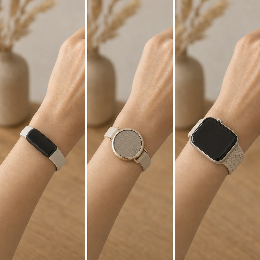 Three-panel comparison showing a slender wrist wearing a slim fitness band, a small round smartwatch with narrow band, and a 40mm smartwatch with braided solo loop.