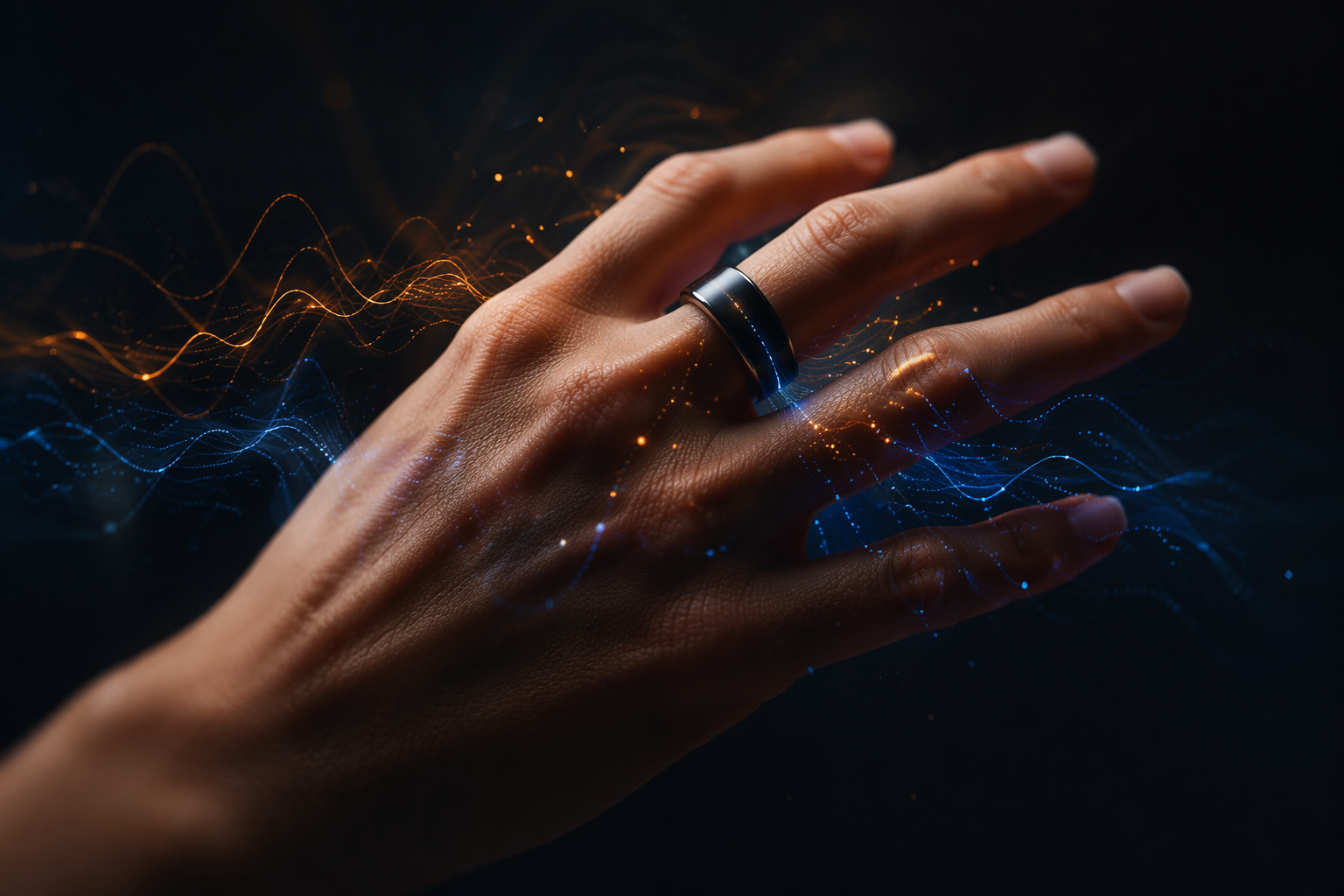 Close-up of a black fitness tracker ring with glowing biometric data lines suggesting recovery signals
