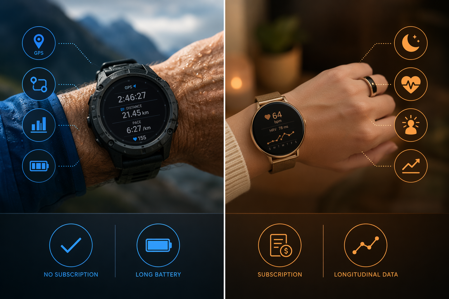 Side-by-side comparison of fitness-first wearables and health-first wearables with icons for GPS, battery life, sleep, HRV, and subscriptions