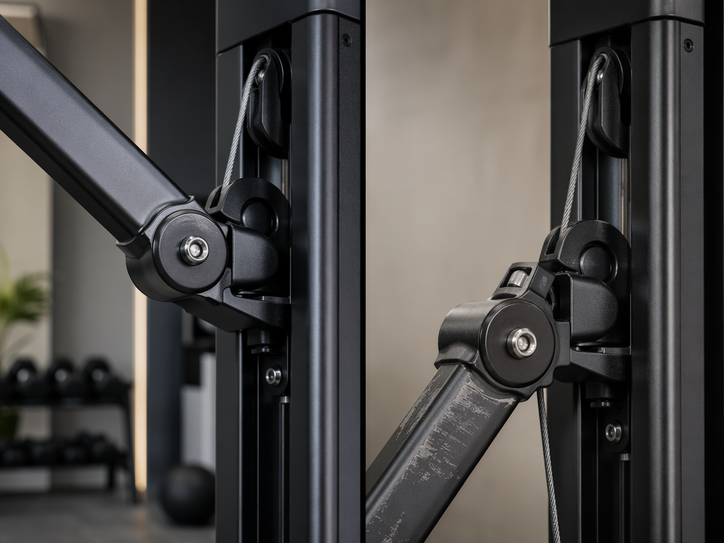 Close-up editorial photograph of a Tonal unit's mechanical arm joint and cable pulley system, showing the pivot mechanism, metal arm structure, and cable routing.