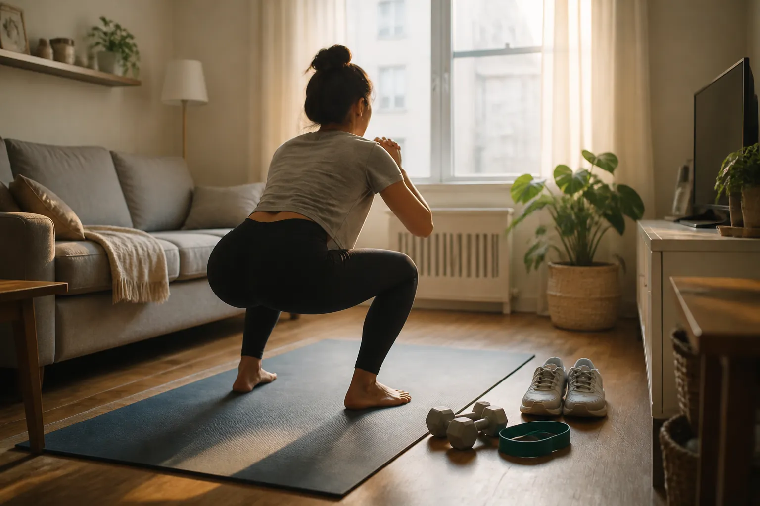 A person doing a bodyweight squat on a yoga mat in a small living room with dumbbells, a resistance band, and walking sneakers nearby