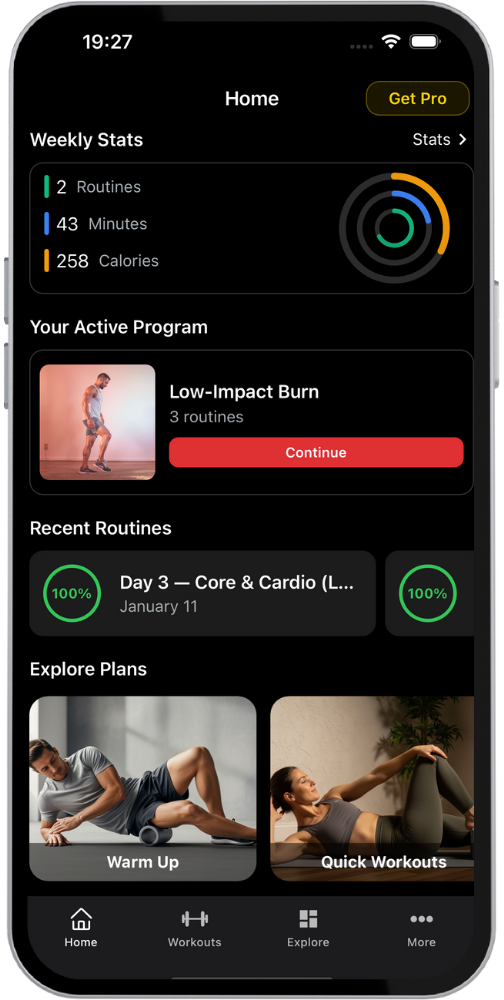 Load Muscle app screen showing the AI workout plan generator interface with exercise selection rows, set and rep fields, and a generated weekly plan overview with exercise names and scheduled days.
