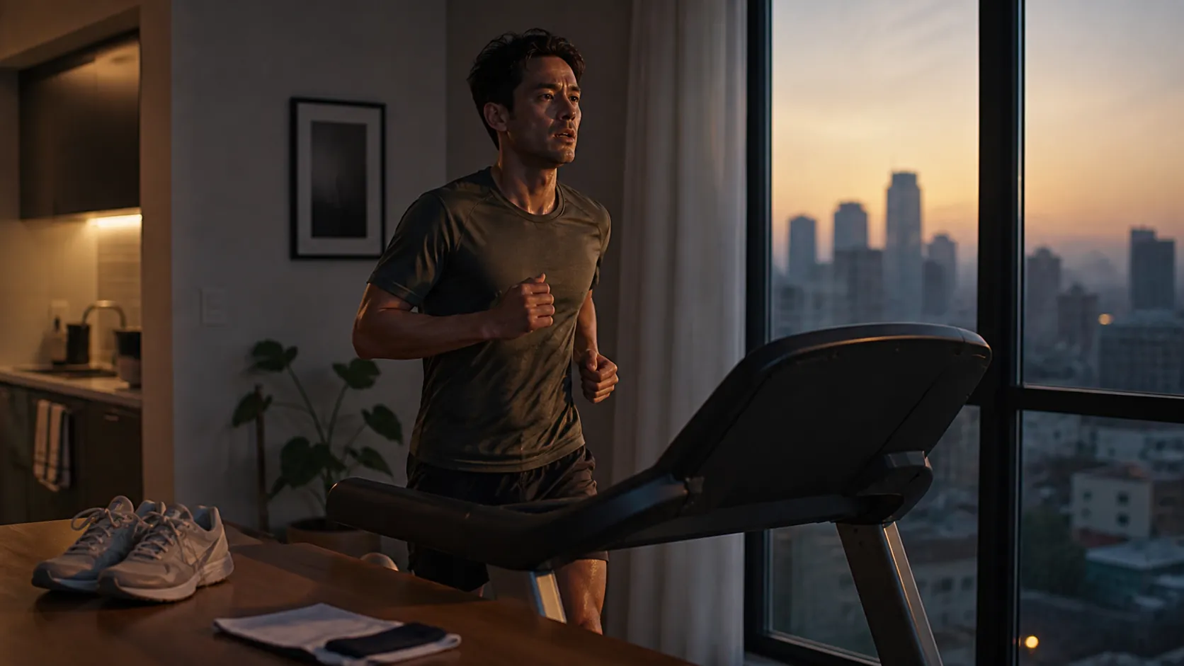Runner training on a treadmill in a compact apartment with a race bib and running shoes nearby
