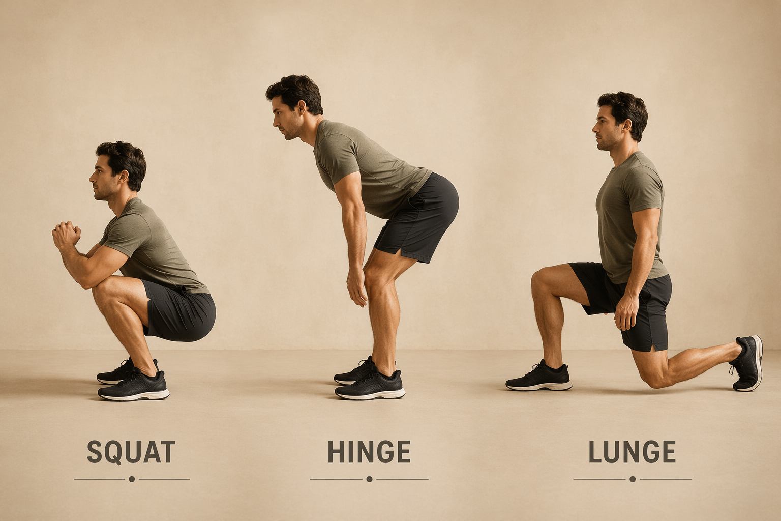 A side-by-side illustration of the three lower body movement patterns: a deep bodyweight squat, a hip hinge with straight back, and a forward lunge with front knee at 90 degrees.