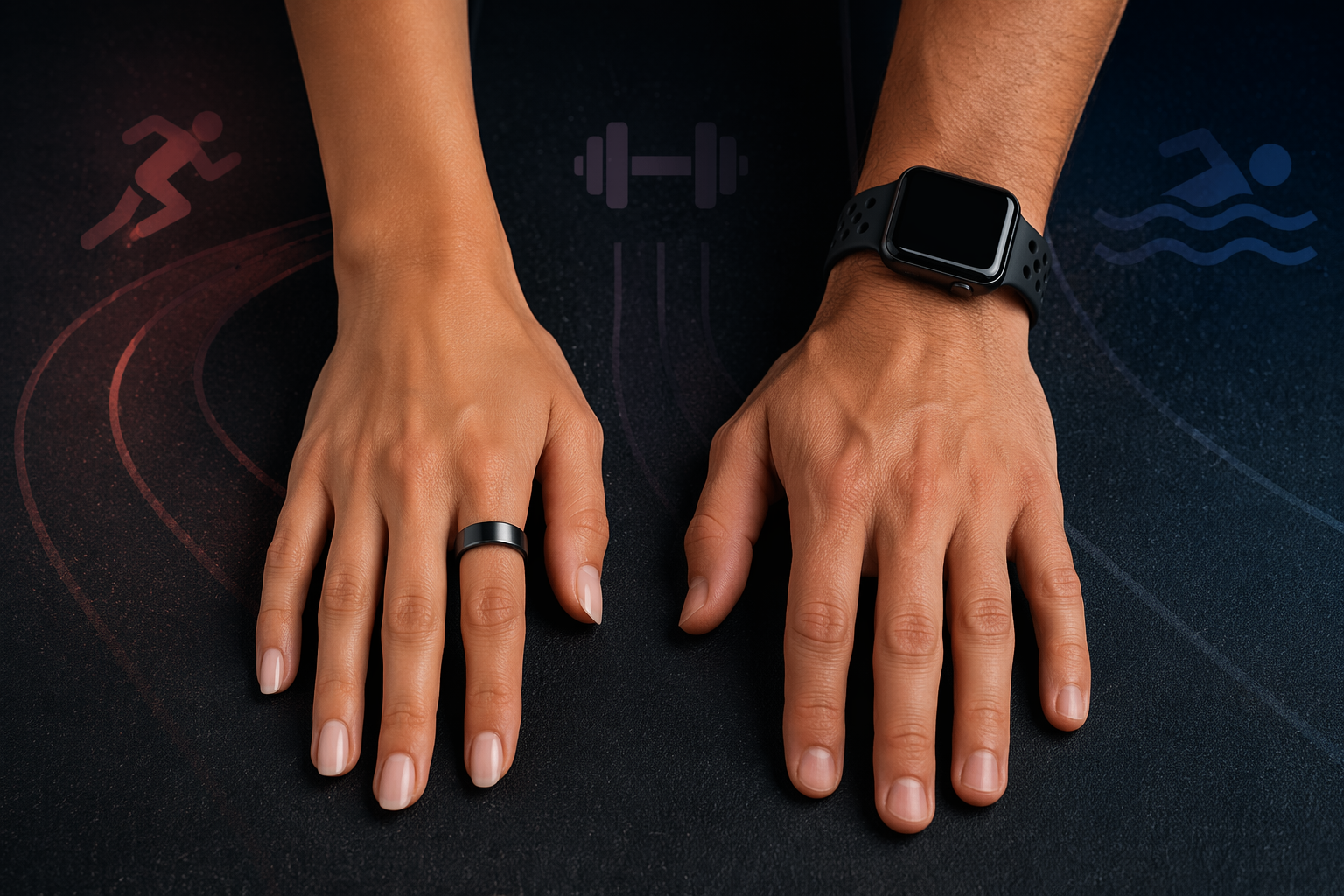 Smart ring and fitness watch shown side by side with workout icons for running, strength training, and swimming