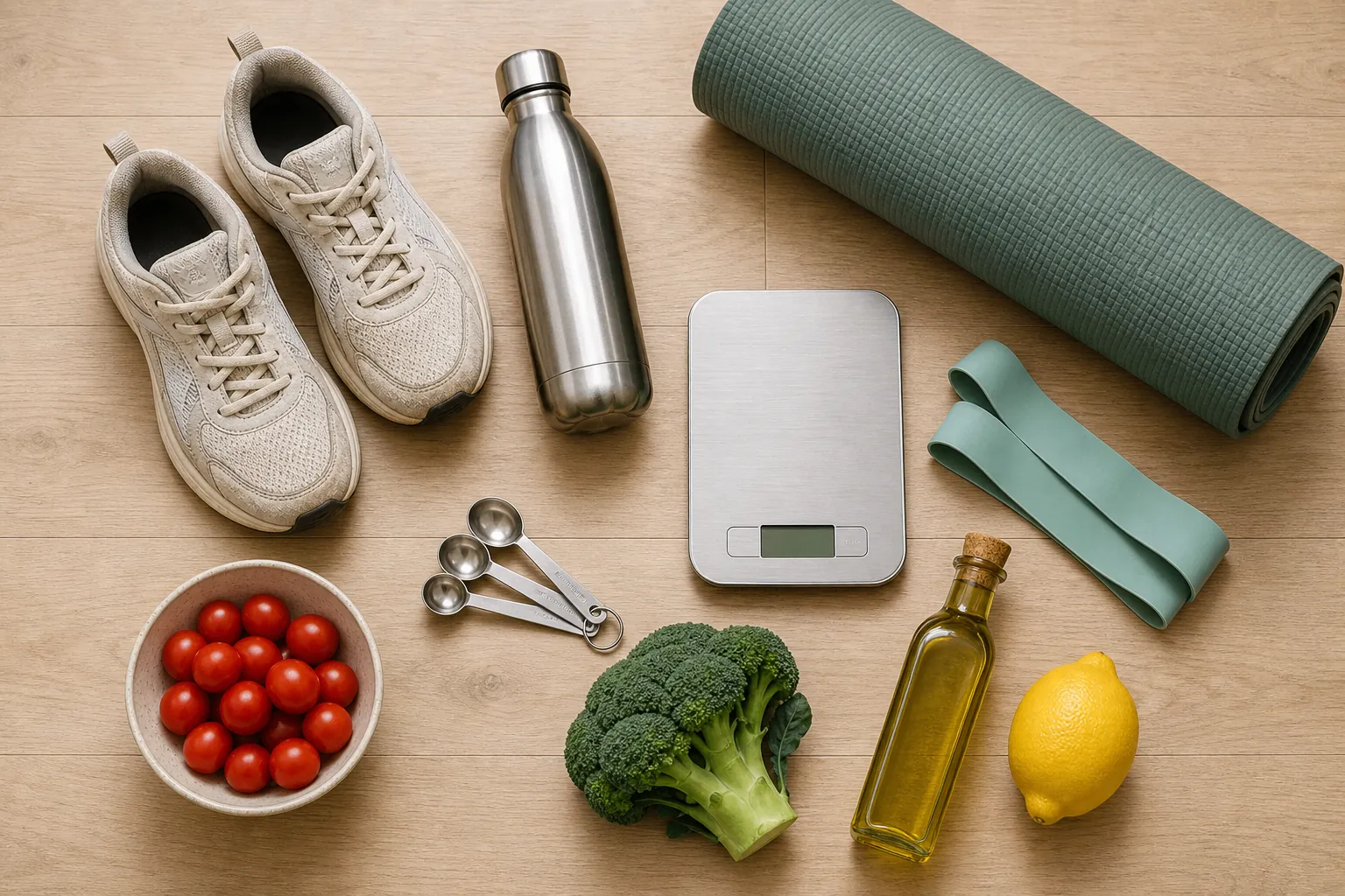 Minimal home habit kit with walking shoes, water bottle, yoga mat, resistance band, kitchen scale, vegetables, olive oil, and lemon