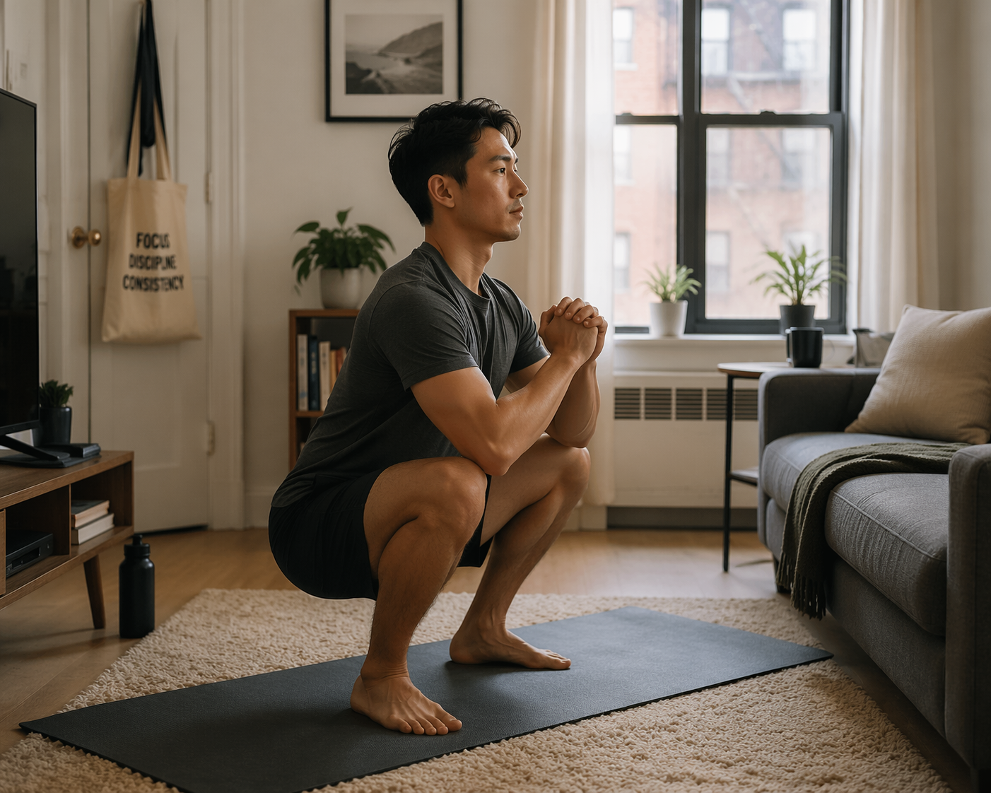 Person performing a slow controlled bodyweight squat on a yoga mat in a small apartment