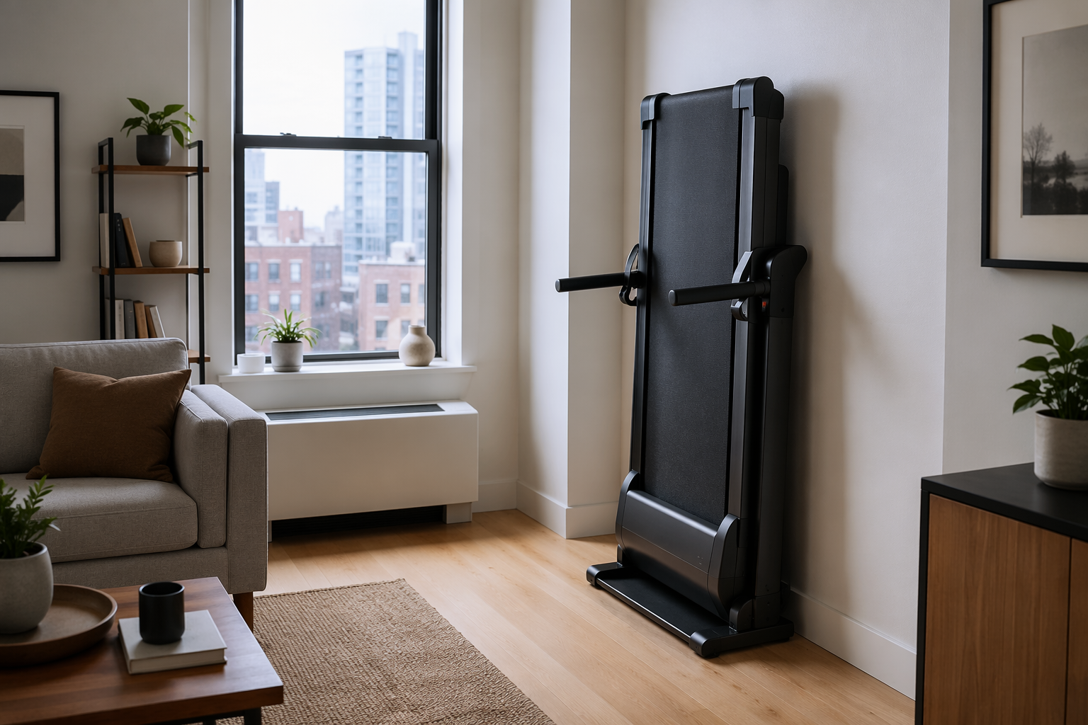 Compact treadmill folded against a wall in a bright apartment living room