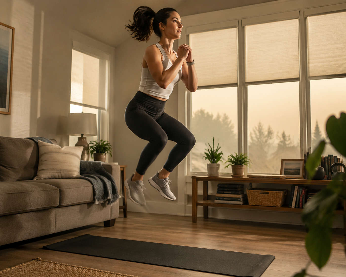 A person doing a bodyweight jump squat indoors with closed windows and hazy light outside