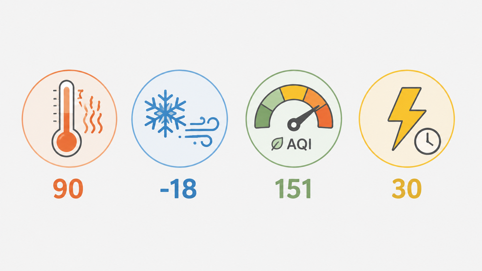 A row of four weather hazard icons showing heat, wind chill, AQI, and lightning thresholds