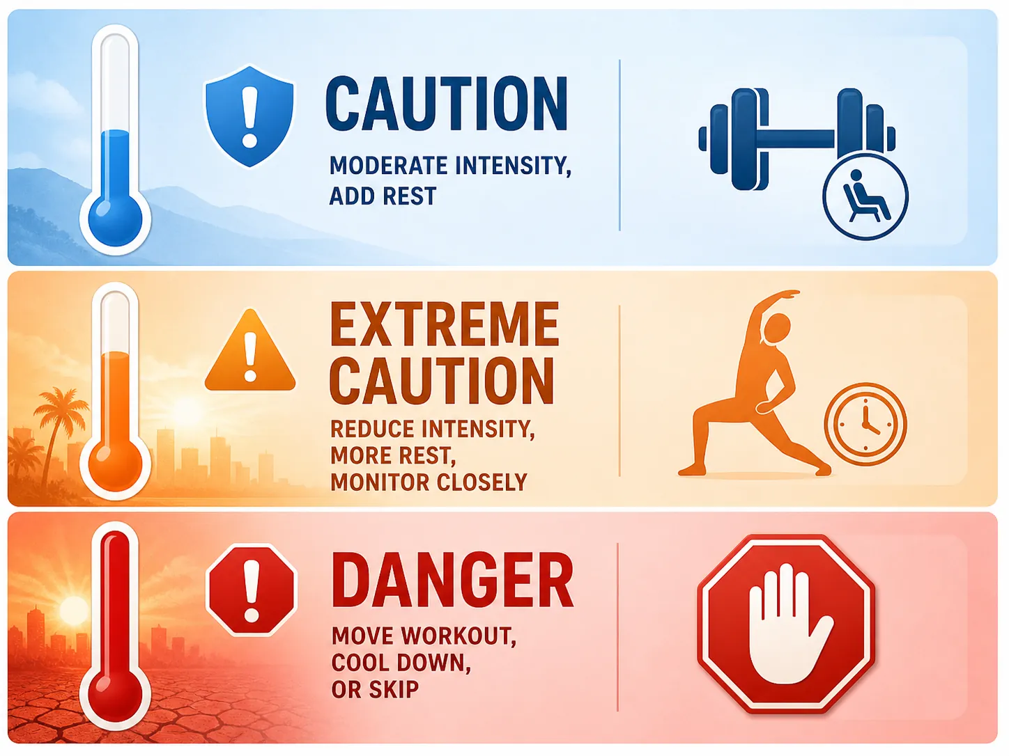 Three-tier heat index safety zones infographic with caution, extreme caution, and danger levels