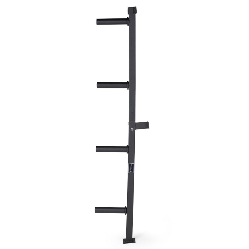 Wall-mounted Olympic bumper plate storage rack holding plates vertically