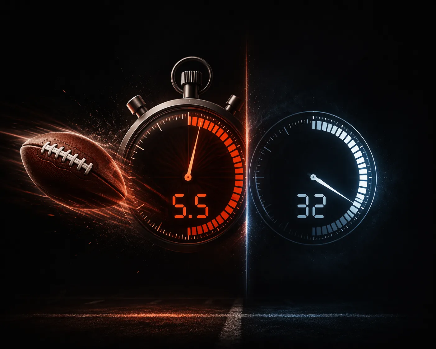 Stopwatch showing 5.5 seconds beside a football with a separate 32-second rest clock