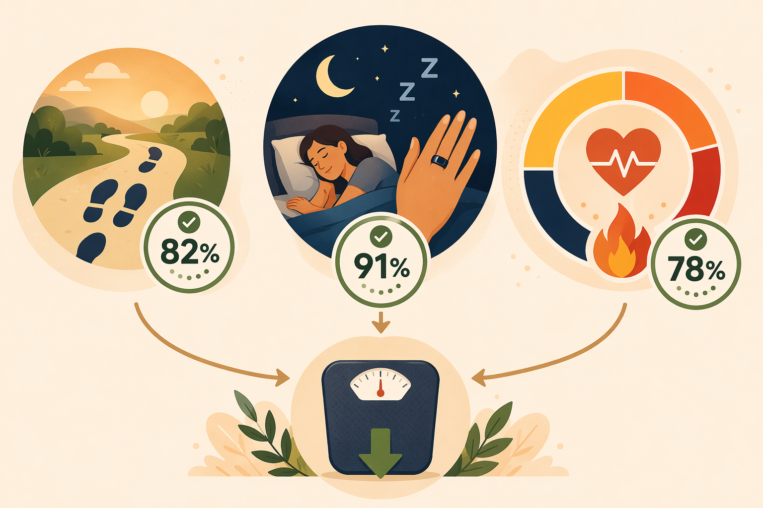 Triptych illustration showing three alternative weight-loss metrics: step count (82% accuracy checkmark), sleep quality (moon and Z symbols with a ring), and active zone minutes (heart with flame). A downward arrow connects all three to a scale icon.