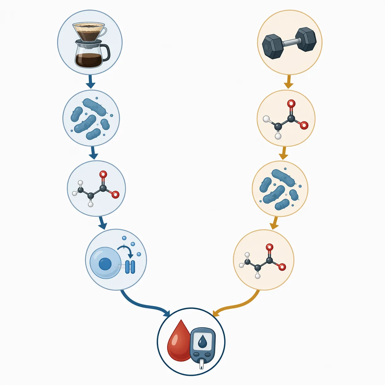 Dual pathway diagram showing filtered coffee and exercise converging through Veillonella and propionate toward blood sugar regulation