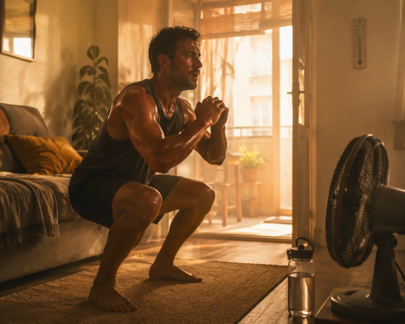 A sweating home exerciser doing bodyweight squats in a warm apartment with a fan, water bottle, and wall thermometer nearby