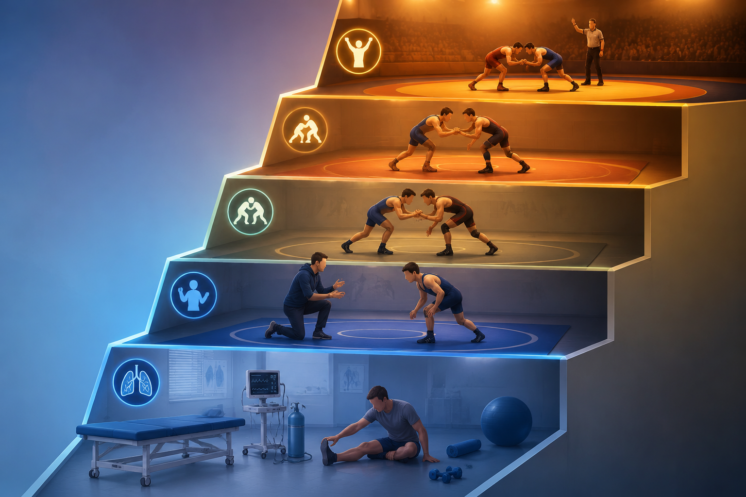 Five-step progression from medical rehabilitation to wrestling competition