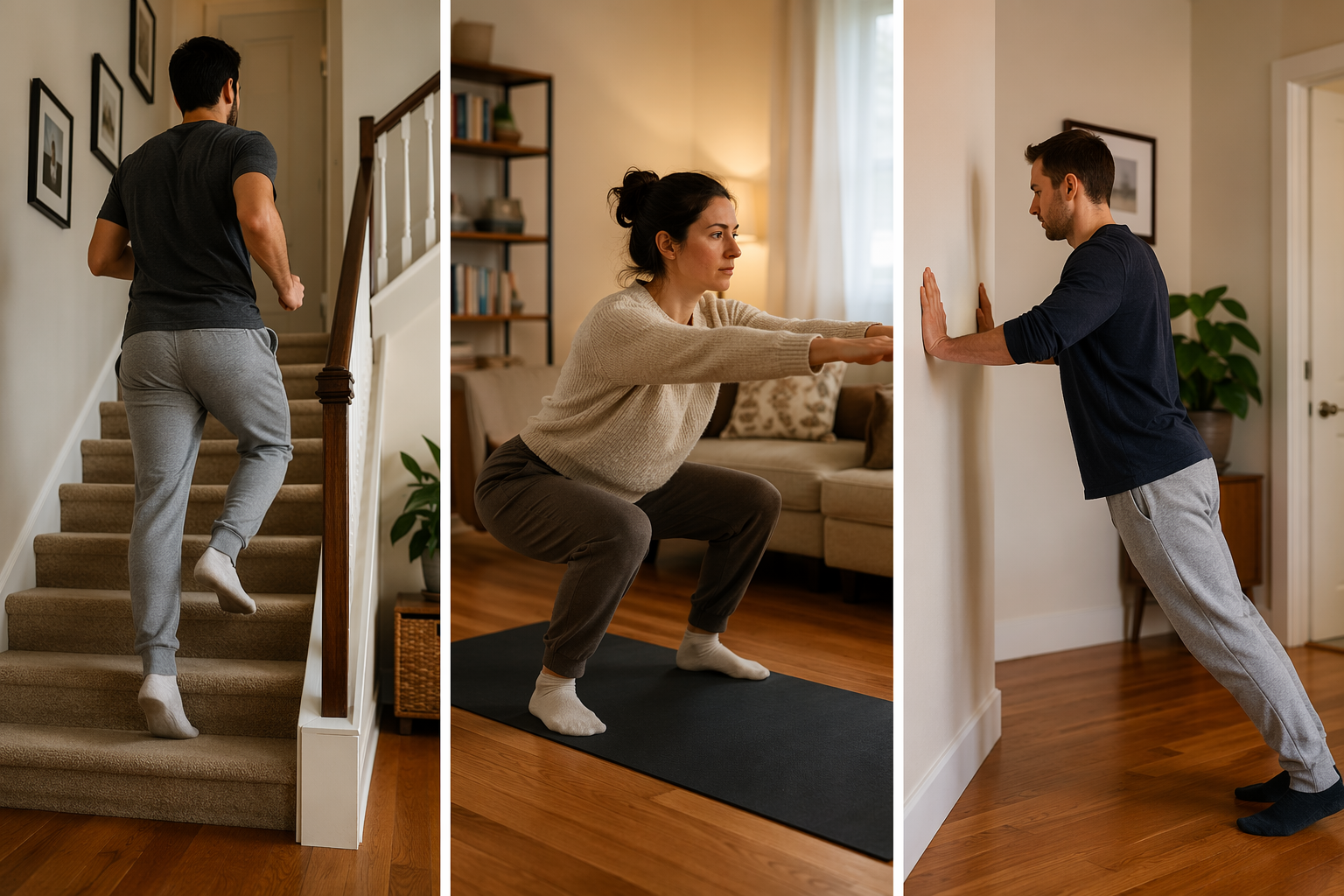 A three-panel triptych showing stair climbing on a home staircase (left), a bodyweight squat on a yoga mat (center), and a slow controlled eccentric movement like a wall sit (right).
