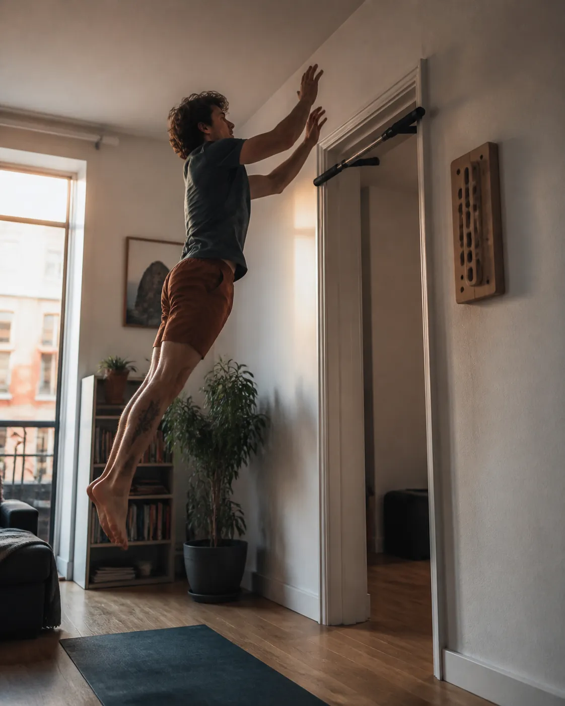Climber performing an explosive vertical jump from a deep squat in a compact apartment with a pull-up bar and training board behind