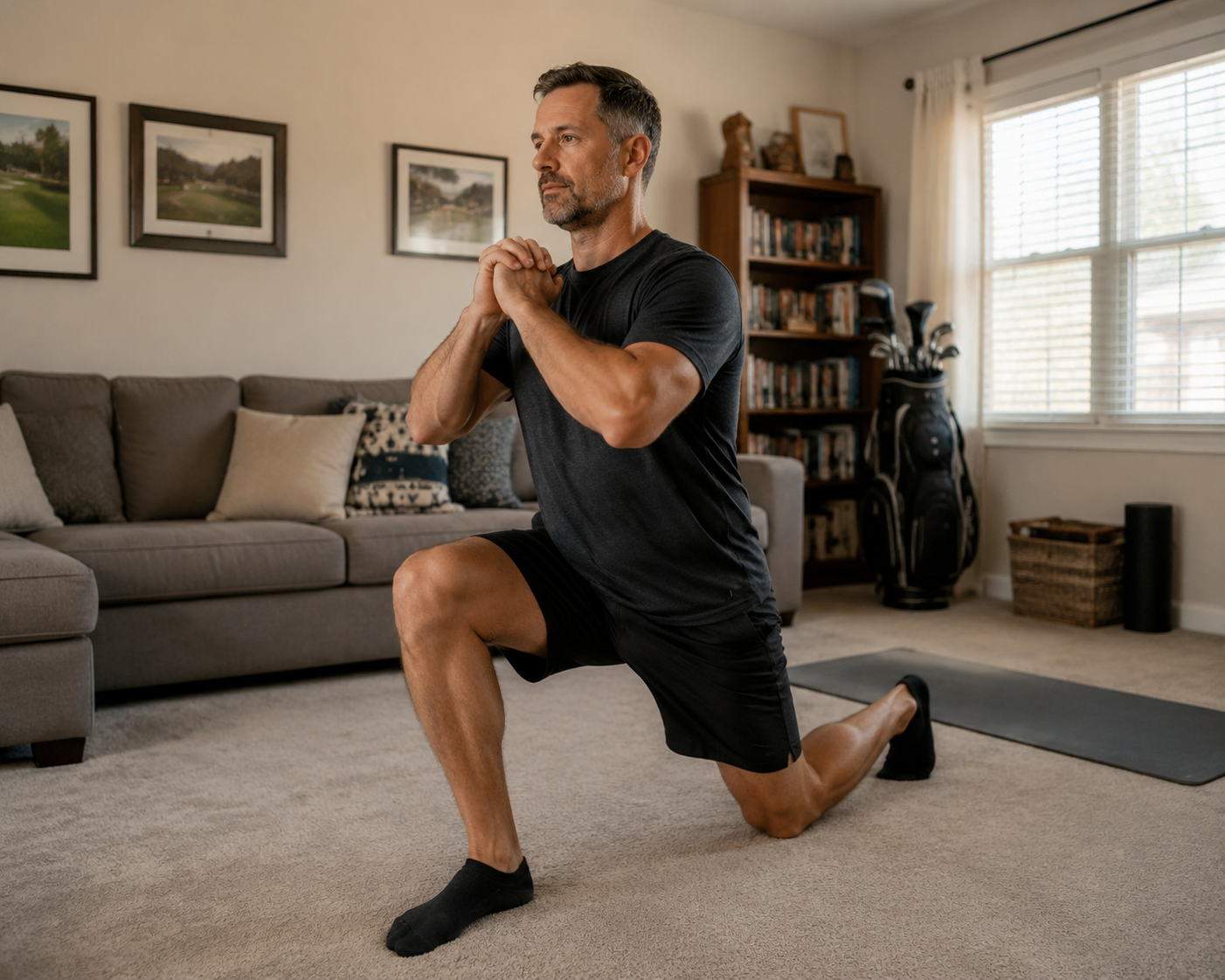 A golfer performs a bodyweight lunge on a mat in a modest living room with no workout equipment visible.
