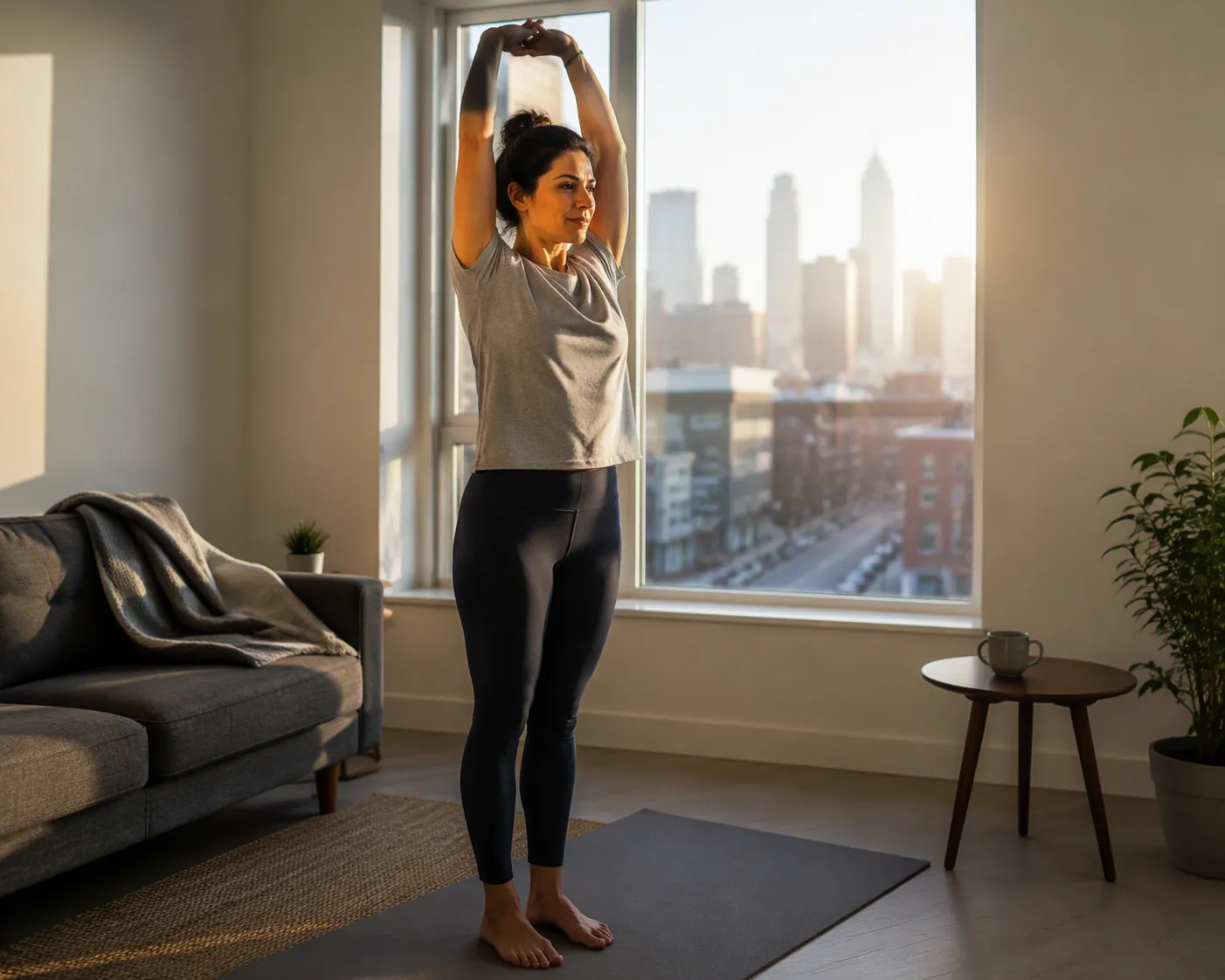 Person stretching barefoot on a mat in a small apartment living room in morning light