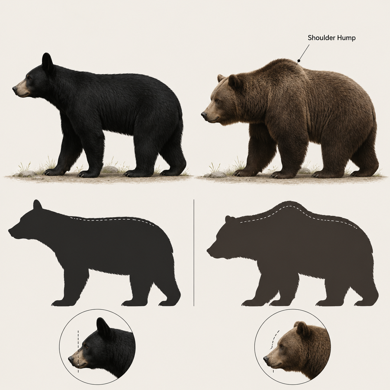 Illustration comparing a black bear without a shoulder hump and a grizzly bear with a prominent shoulder hump
