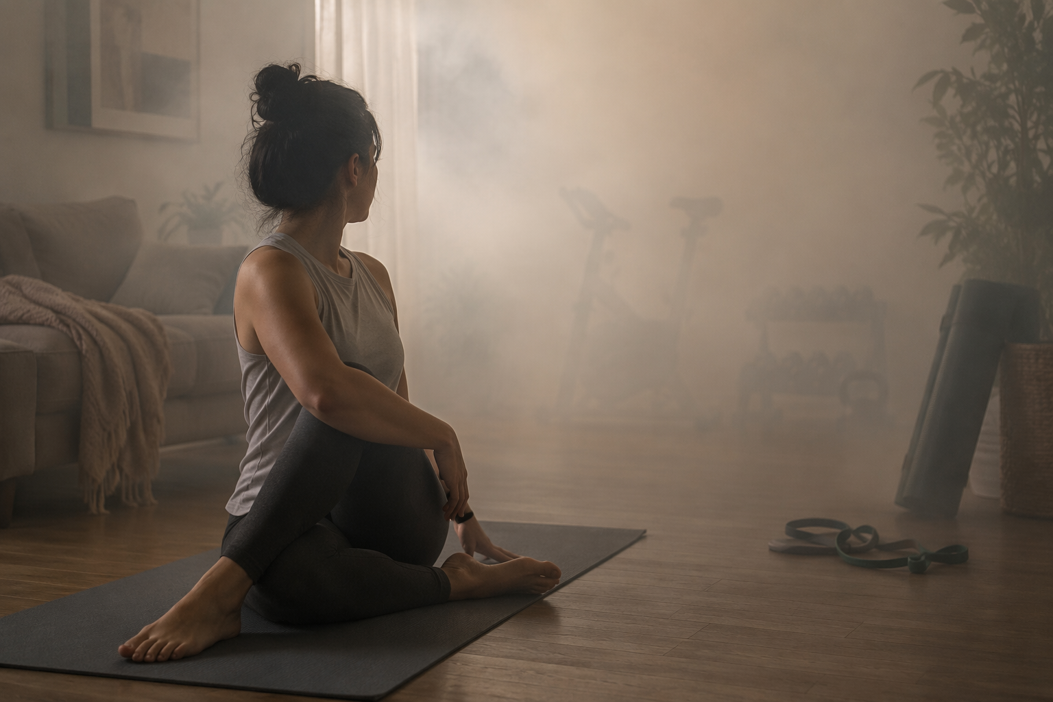 Person doing a seated yoga twist on a mat in a hazy living room with a resistance band nearby