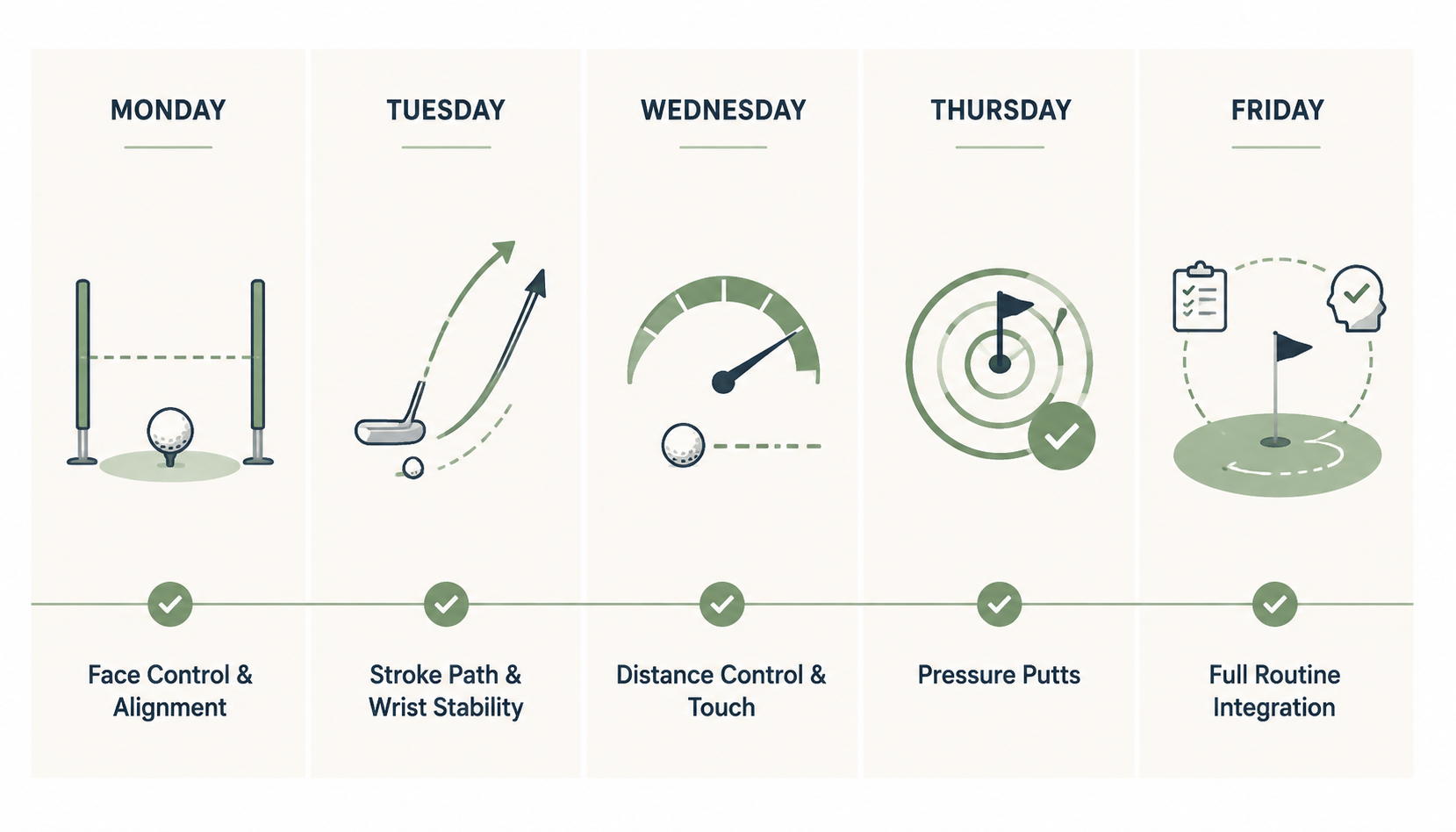 Five-day home putting practice schedule with Monday through Friday skill domains